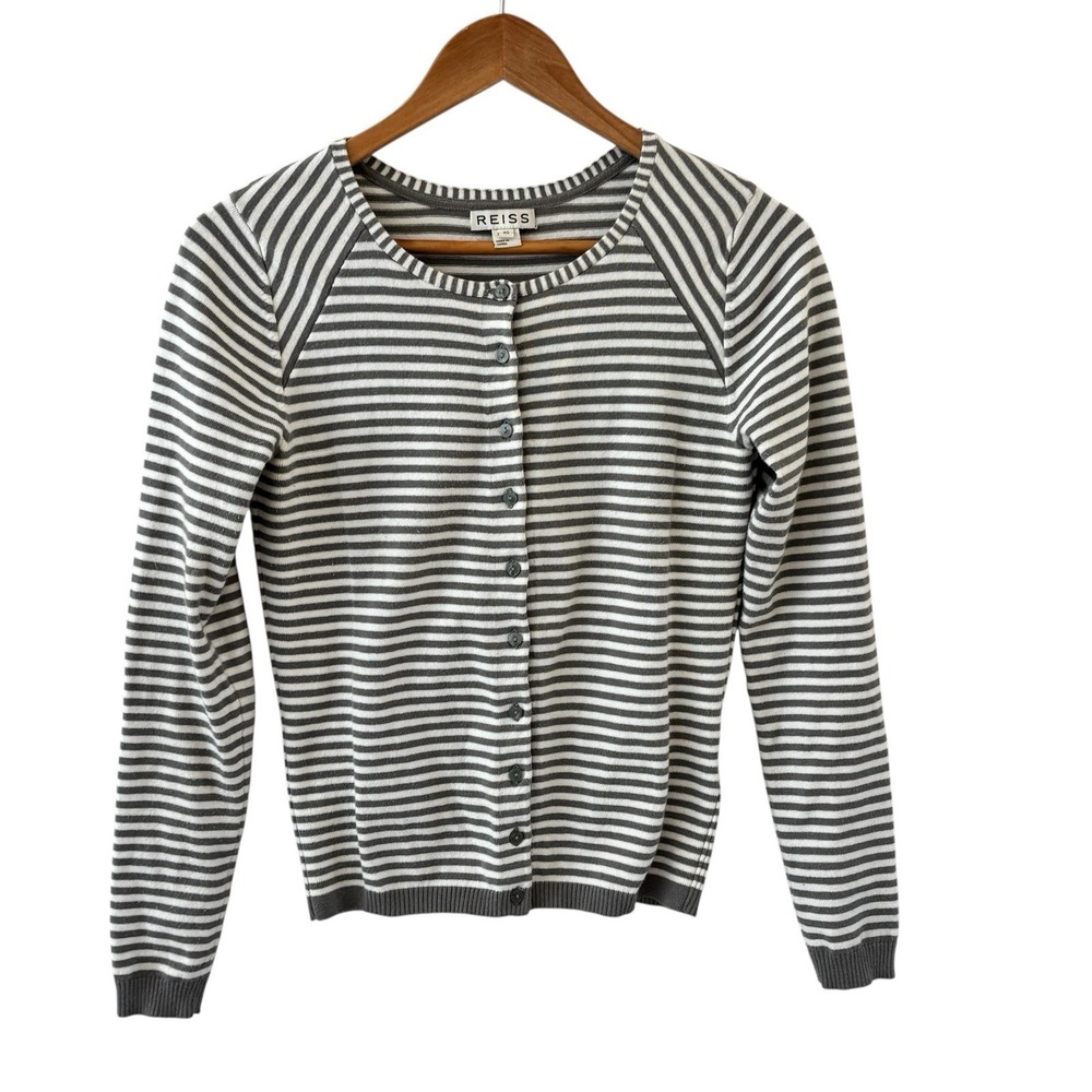 Reiss Striped Cardigan Sweater Womens XS Gray Cotton‎ Cashmere Minimalist